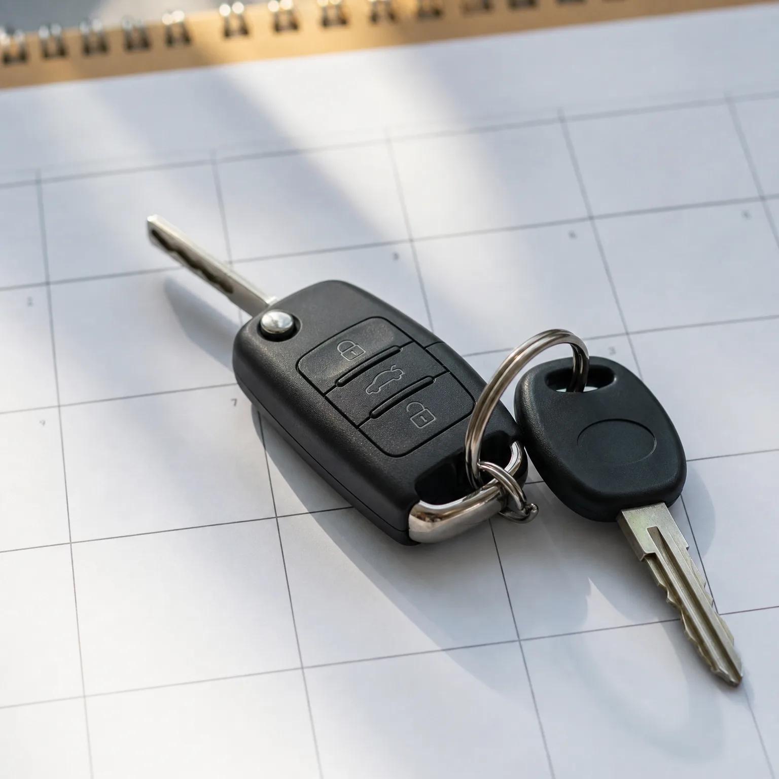 A black flip-style car remote key with three buttons and a second black-headed key on a split ring, lying on a white grid-lined calendar page in sunlight.