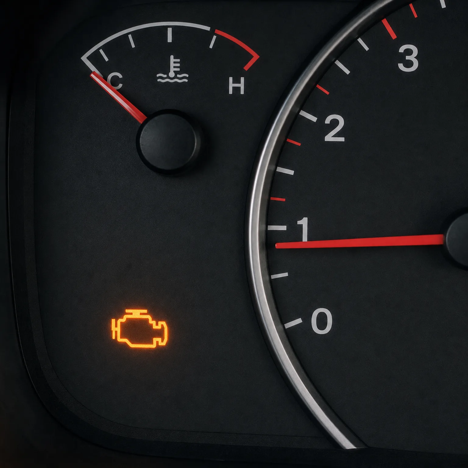 Close-up of a vehicle instrument cluster showing a coolant temperature gauge with the needle at C, part of a tachometer with the red needle near 1, and an illuminated amber engine-shaped warning light.