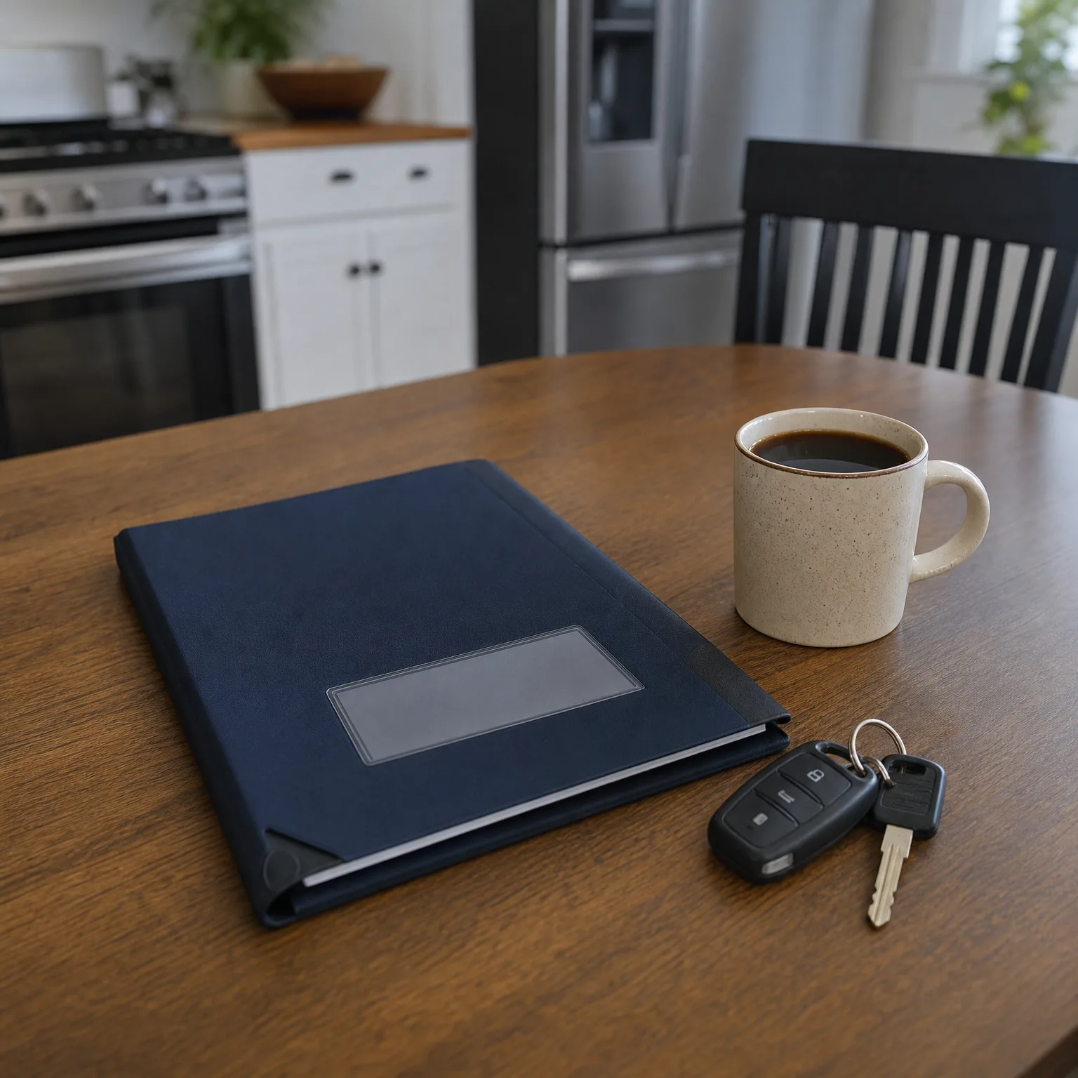 A navy folder with a blank label window, a speckled beige mug of black coffee, and a car key fob with two keys on a wooden table in a kitchen with a stove, white cabinets, and a stainless steel refrigerator blurred in the background.