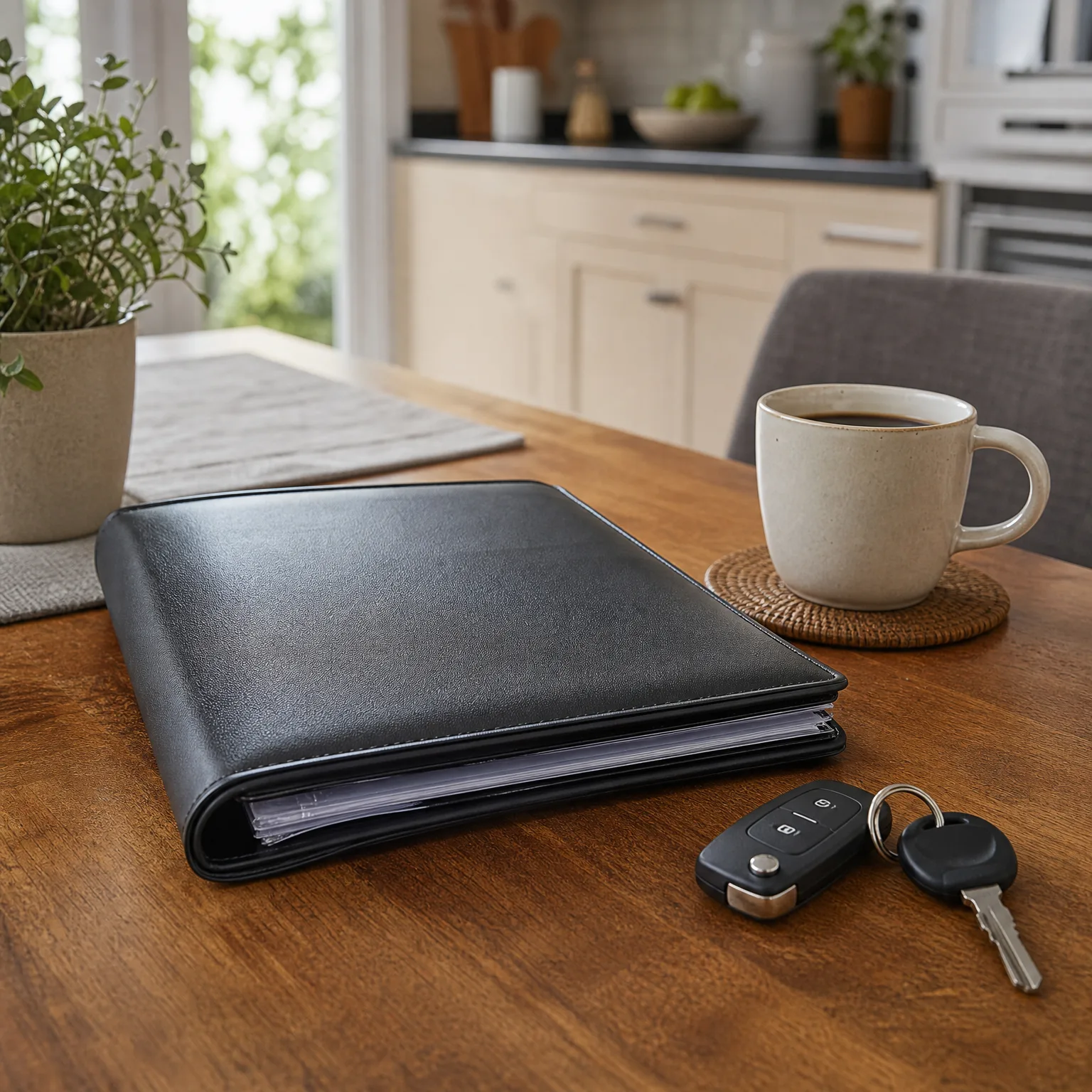 A black leather folder holding documents lies on a wooden table beside a car key fob with keys and a mug of coffee on a woven coaster, with a potted plant and blurred kitchen in the background.