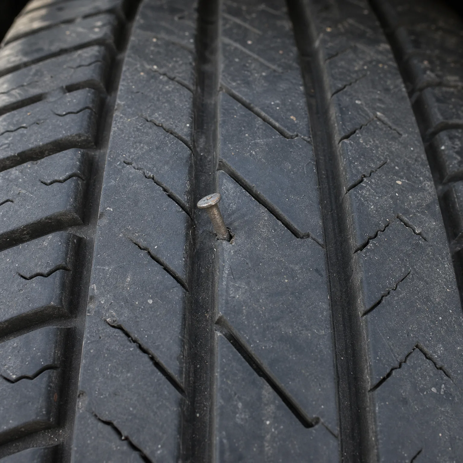 Close-up of a tire tread with a nail head embedded in the rubber beside a circumferential groove.
