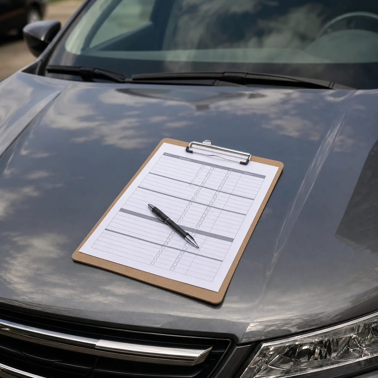 A clipboard holding a printed checklist form with a black pen resting on it, placed on the hood of a gray car near the windshield.