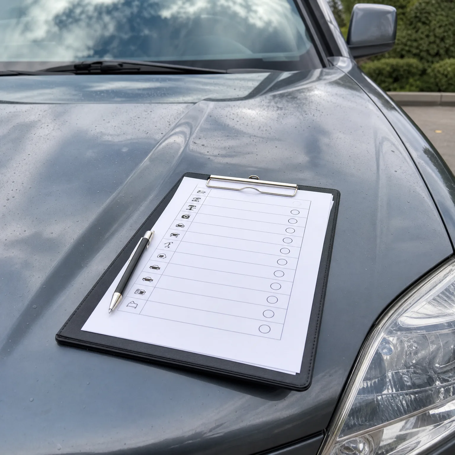A black clipboard holding a printed checklist with small icons and empty circles, with a pen resting on it, placed on the gray hood of a car.