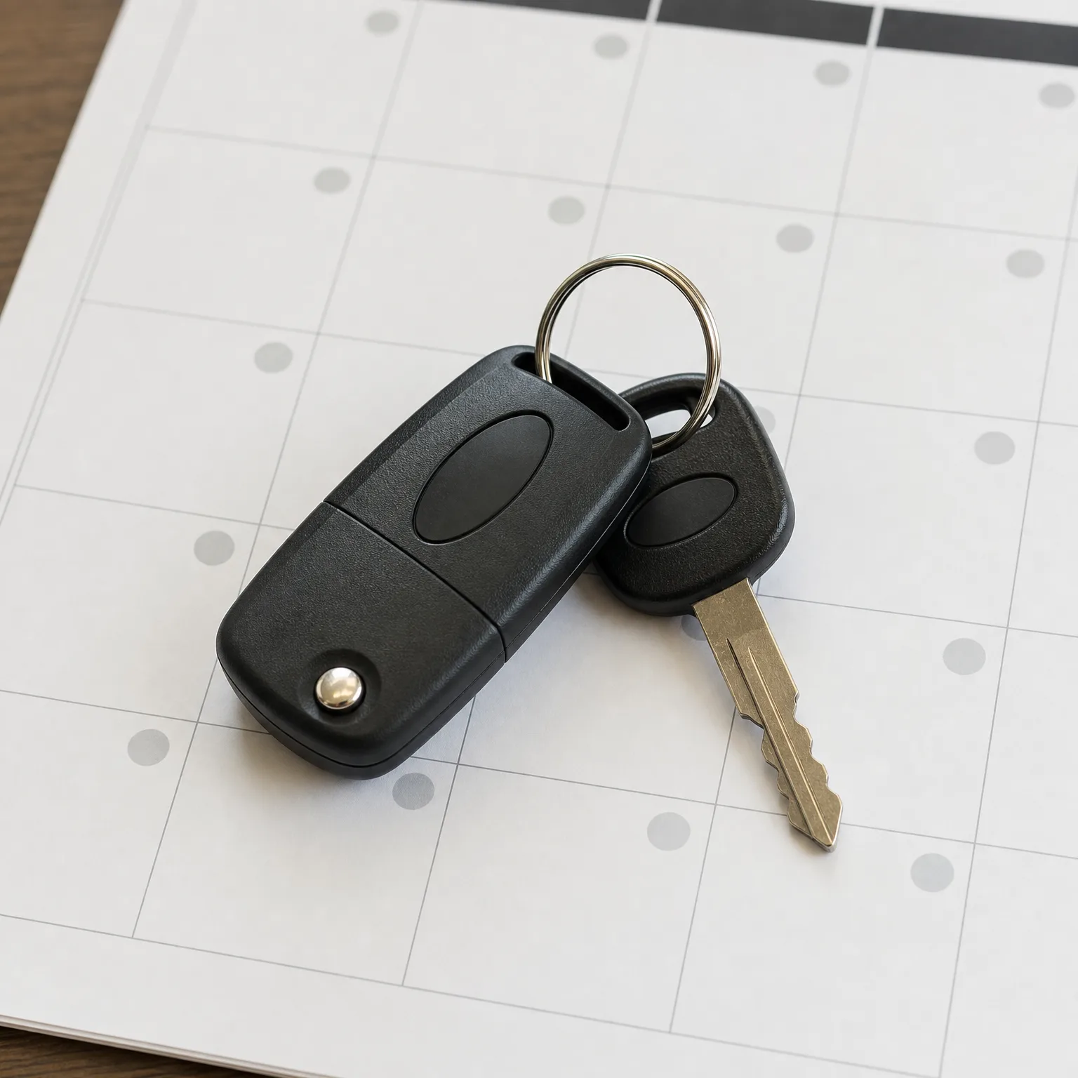 A black flip-style car remote and a second black-headed key on a metal ring, resting on a grid-ruled calendar page over a dark wood surface.