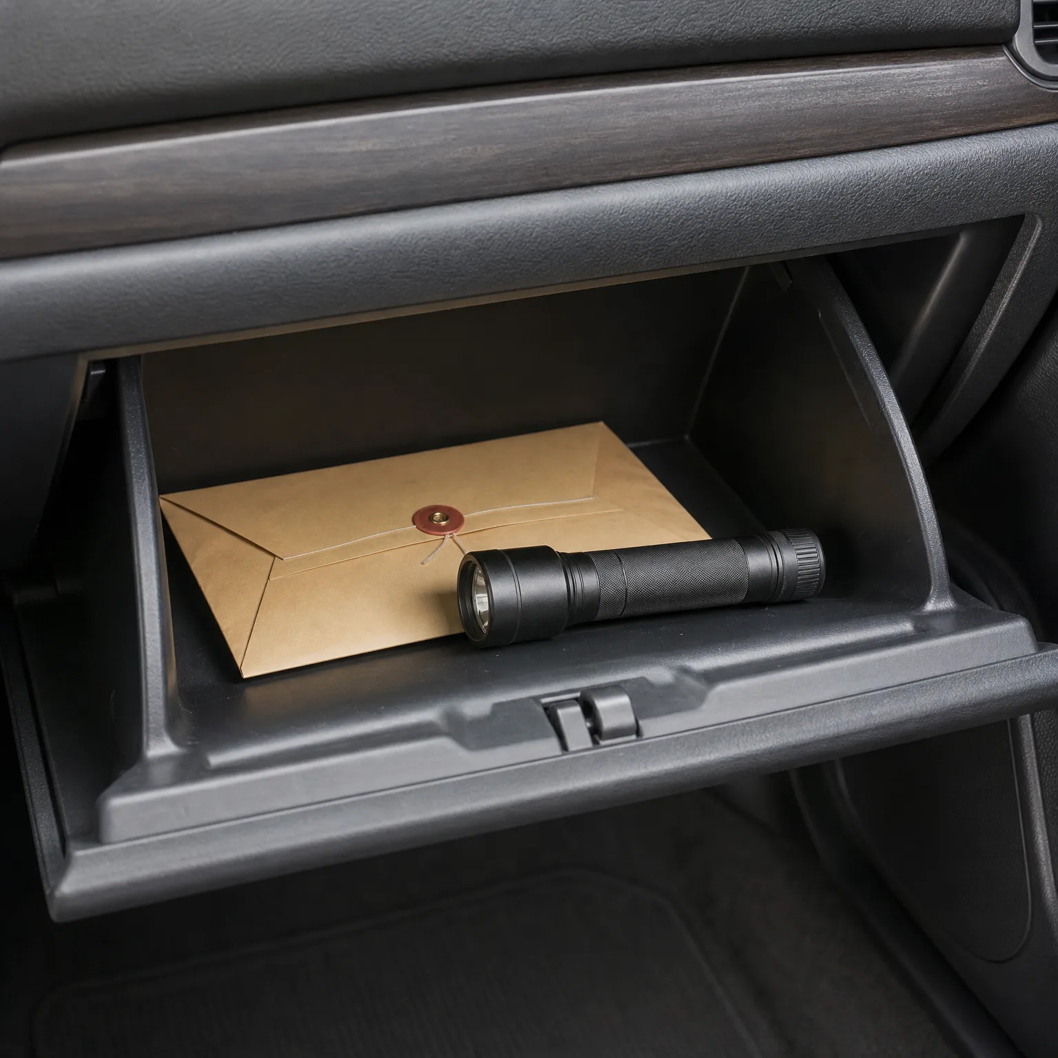 An open car glove compartment containing a sealed kraft-paper envelope with a red string-and-button closure and a black metal flashlight resting on top.