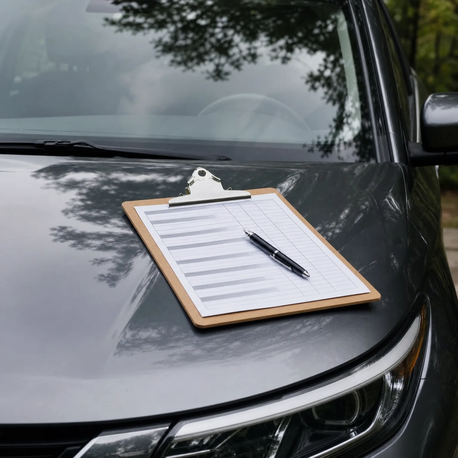 A wooden clipboard holding a blank lined form with a black pen resting on it, placed on the gray hood of a car with trees reflected in the windshield.