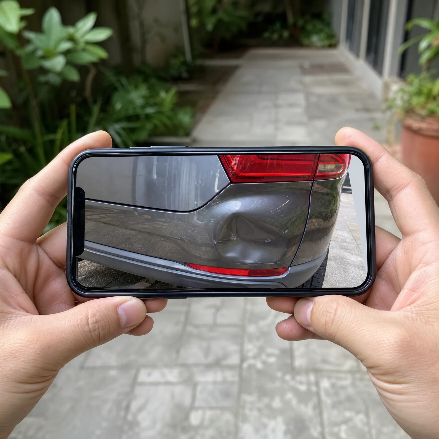Two hands hold a smartphone horizontally, its screen showing a close-up of a gray car's rear bumper and tail light, with a paved walkway and green plants in the blurred background.