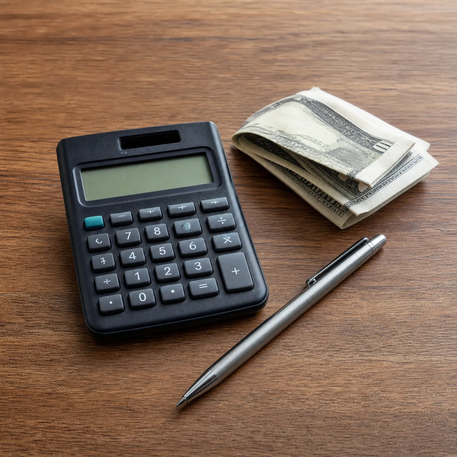 A black pocket calculator, a silver ballpoint pen, and a folded stack of banknotes on a dark wooden surface.