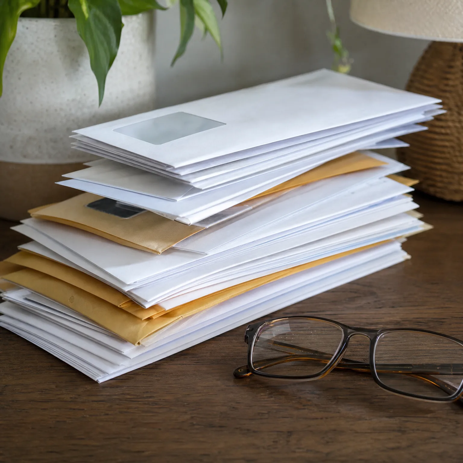 A stack of white and manila envelopes on a dark wood table beside a pair of eyeglasses, with a potted plant and lamp base blurred in the background.