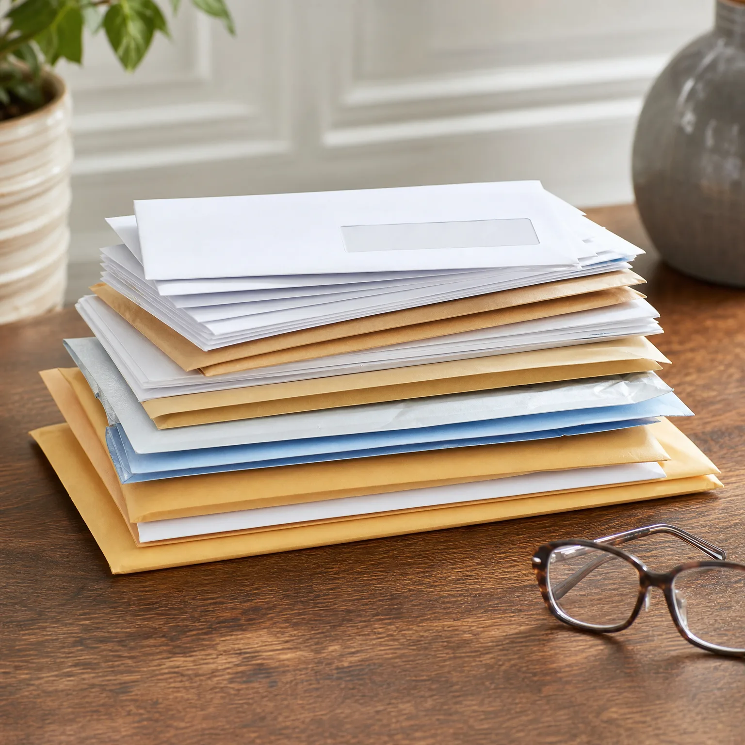 A stack of white, kraft, and blue envelopes of varying sizes on a dark wooden table, with eyeglasses to the right, a potted plant at left, and a gray vase at upper right.