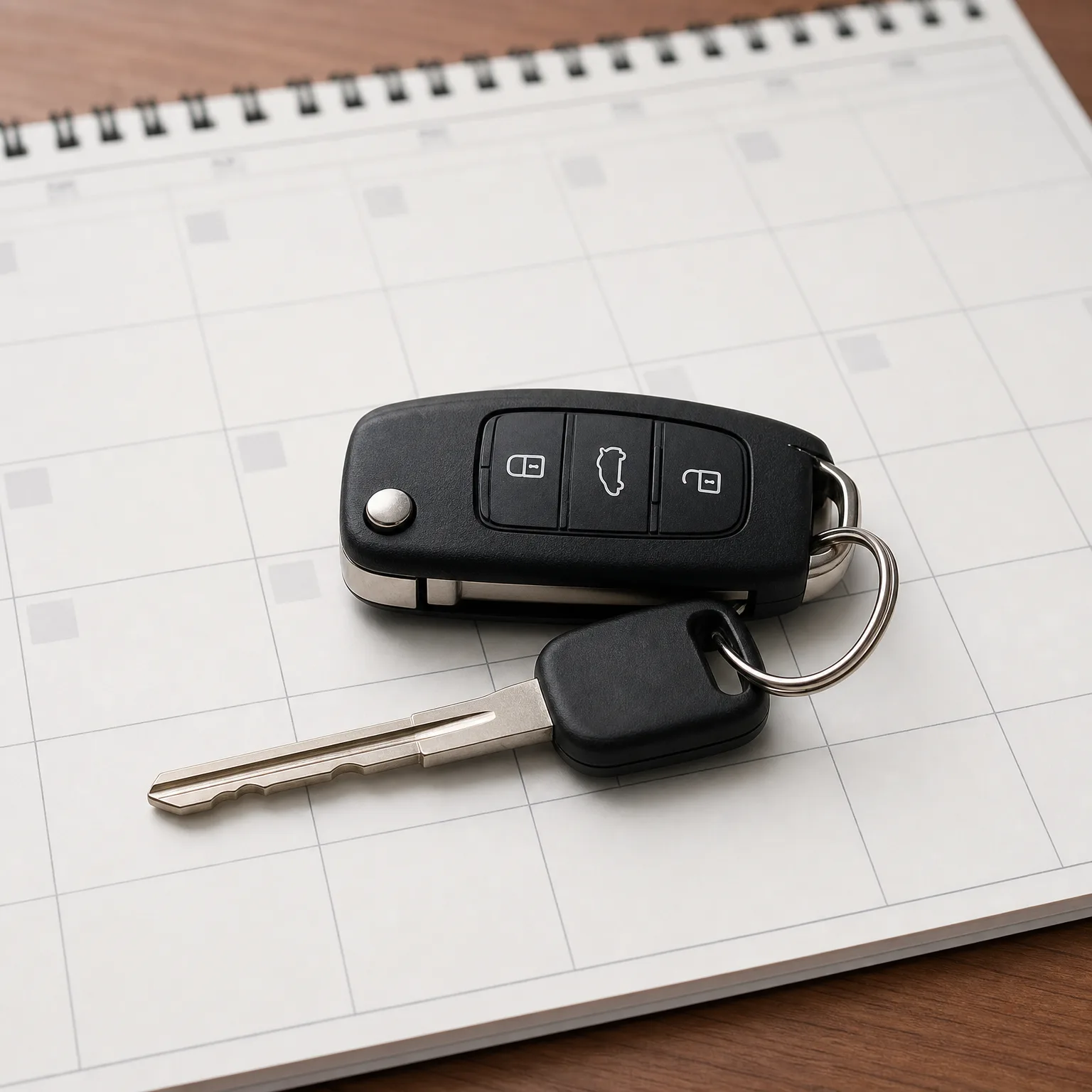 A black flip-style car remote with three buttons and a separate metal key on a split ring, resting on a spiral-bound calendar page on a wooden surface.