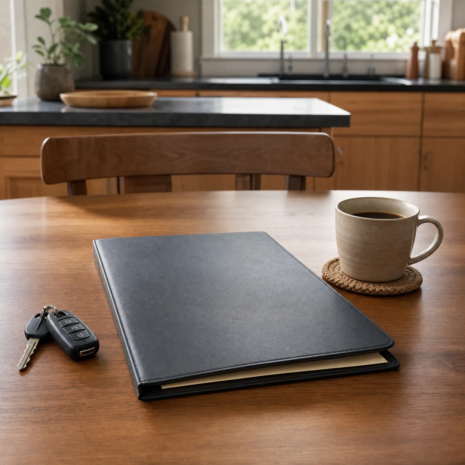 A black leather folder holding papers lies on a wooden table beside a car key fob and a ceramic mug of coffee on a woven coaster, with a kitchen counter and chair blurred behind.