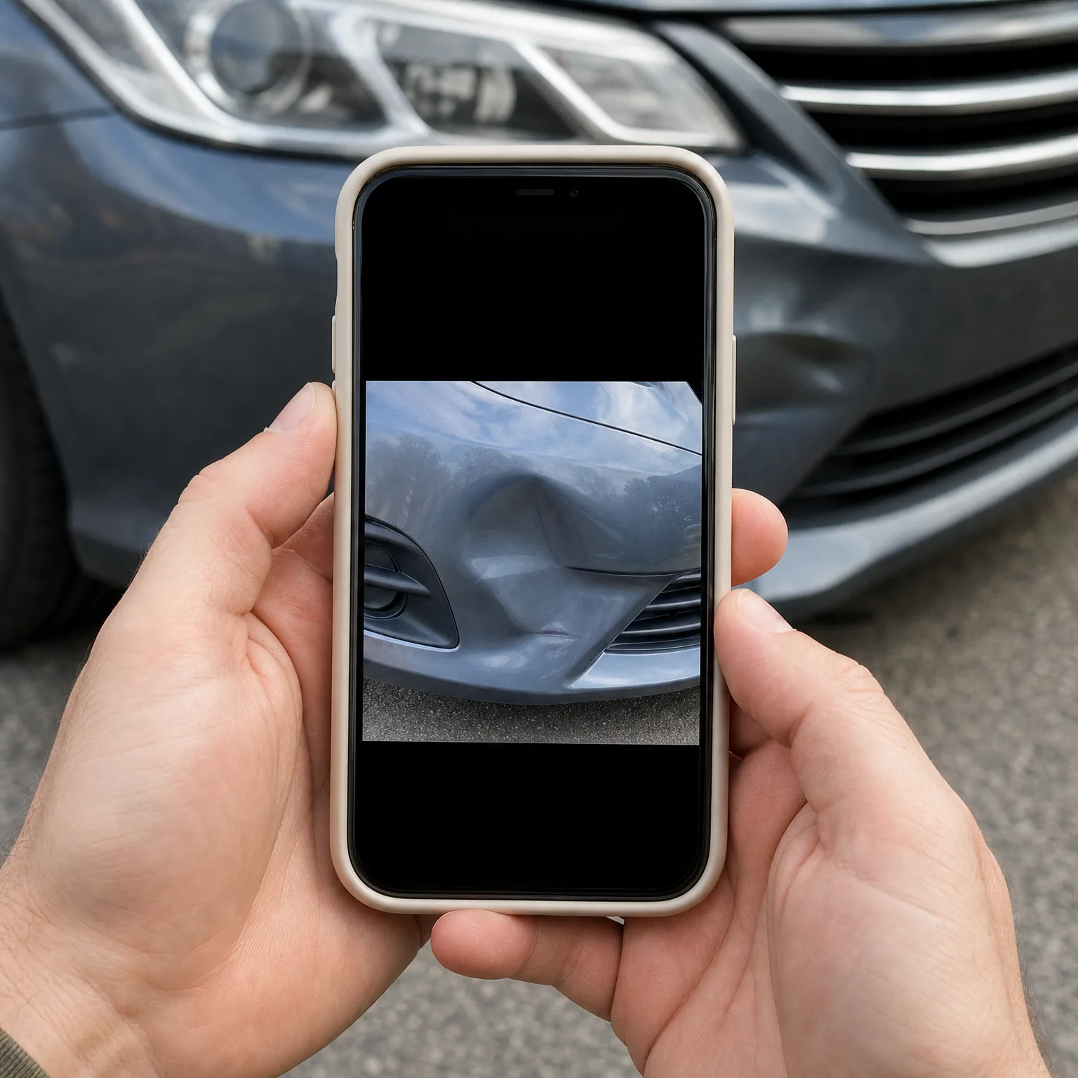 Two hands hold a smartphone in a light case displaying a photo of a dented car bumper, in front of a gray car's front end with a damaged bumper.