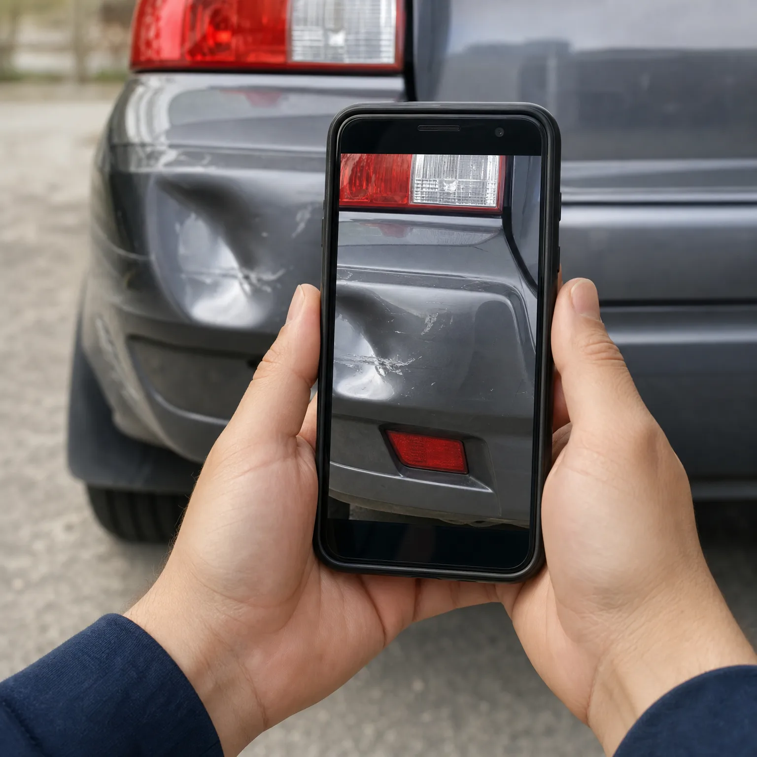 Two hands hold a smartphone photographing the dented rear bumper of a dark gray car parked on gravel.