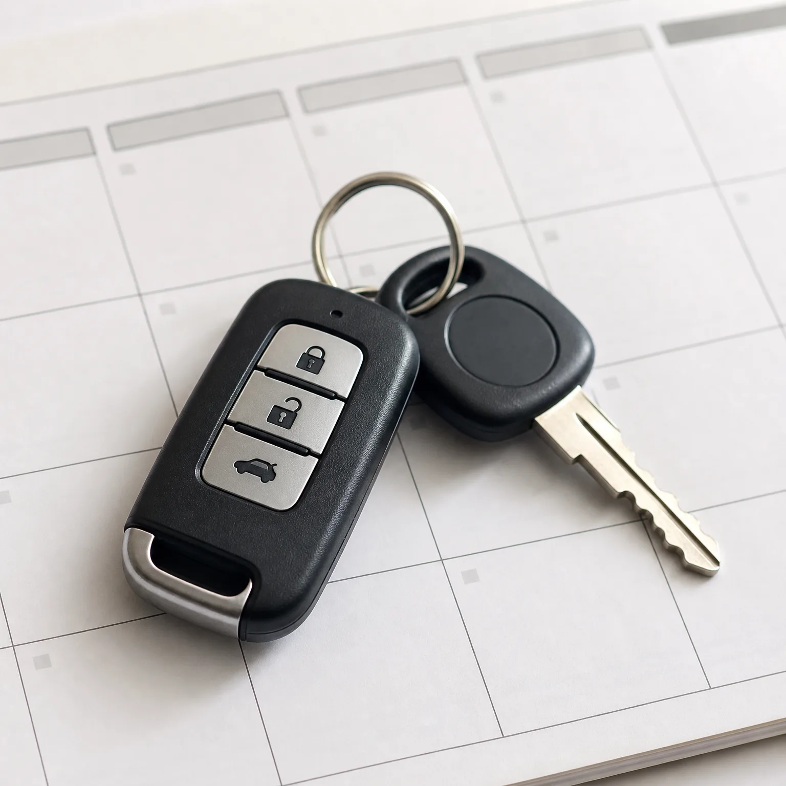 A black car remote fob with three buttons and a metal key on a split ring, resting on a printed grid calendar page.