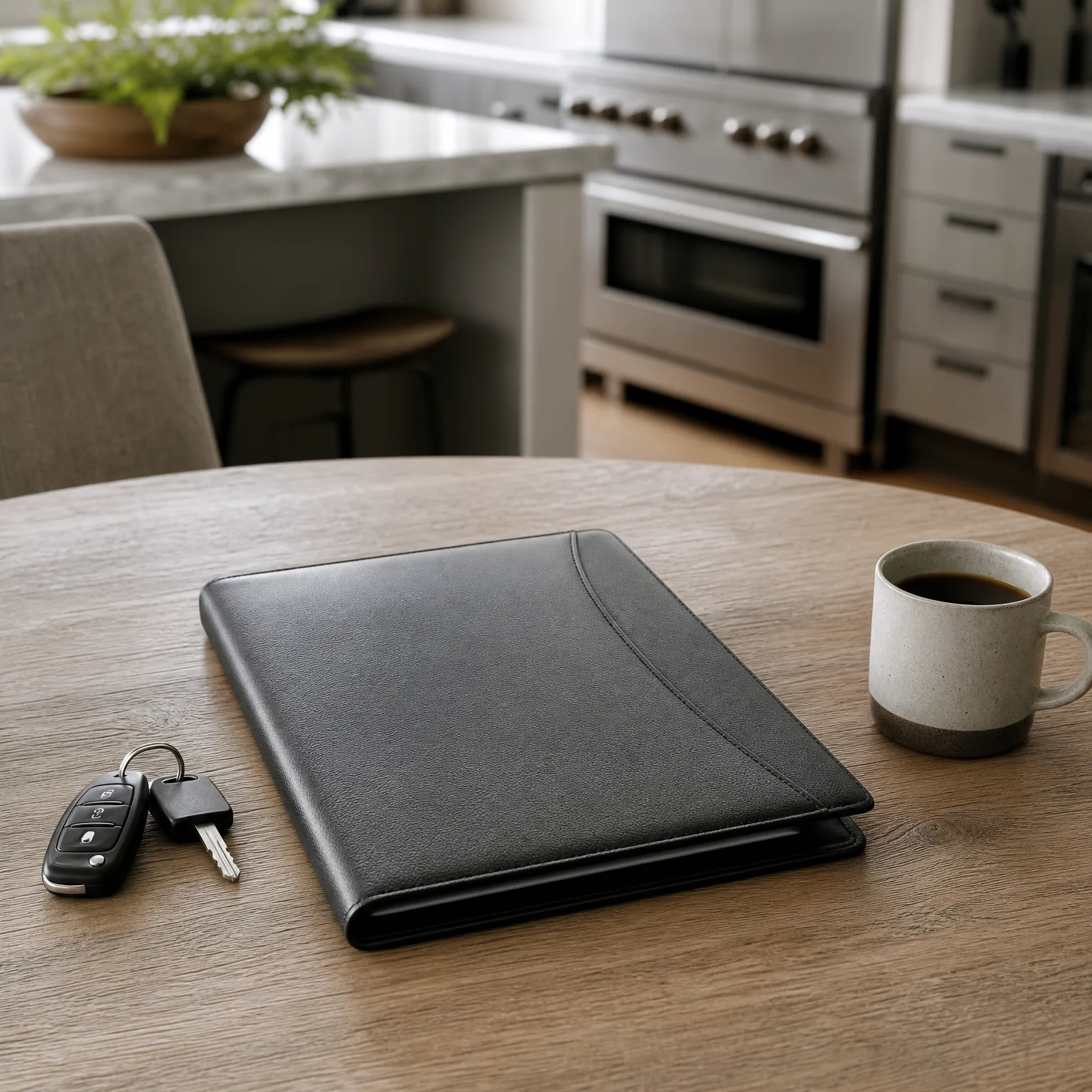 A closed black leather portfolio on a round wooden table beside a car key fob with keys and a ceramic mug of dark coffee, with a blurred kitchen island and stainless range behind.