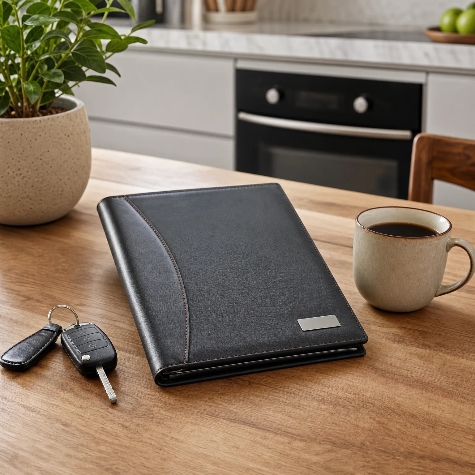 A black leather portfolio folder on a wooden table with a mug of coffee, a car key fob, and a potted plant, with kitchen cabinets and a built-in oven blurred in the background.