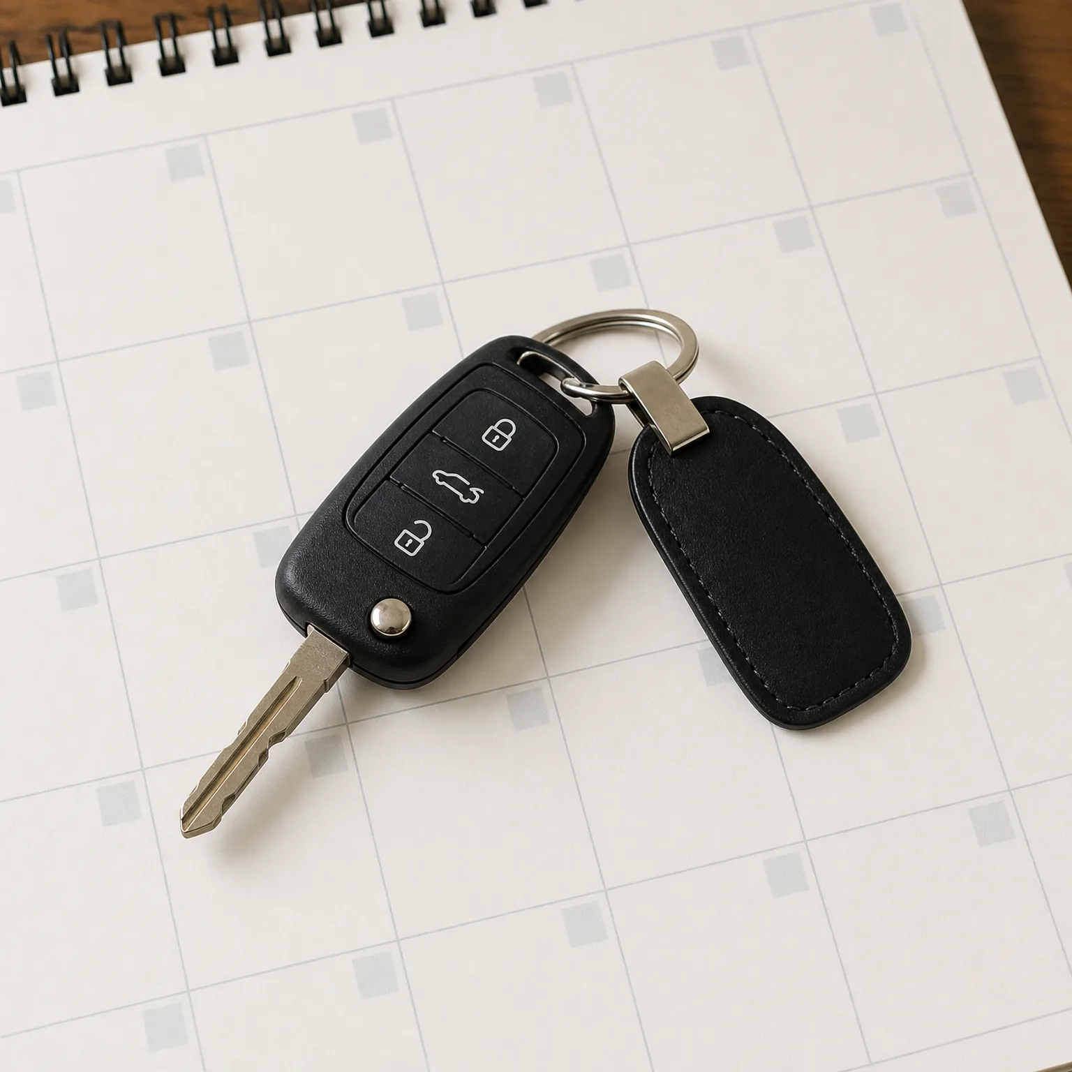 A black flip-style car key with three buttons and a black leather fob on a split ring, resting on an open spiral-bound notebook with a faint grid pattern.