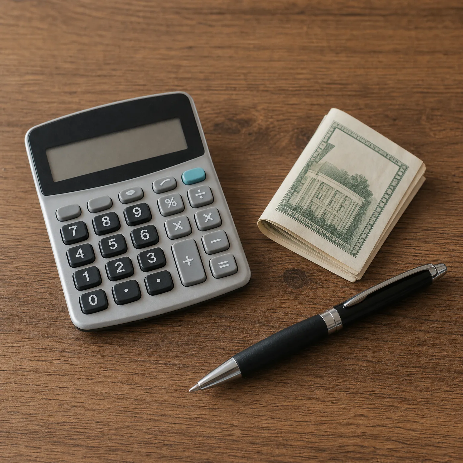 A gray desktop calculator, a folded stack of banknotes, and a black ballpoint pen on a dark wooden surface.