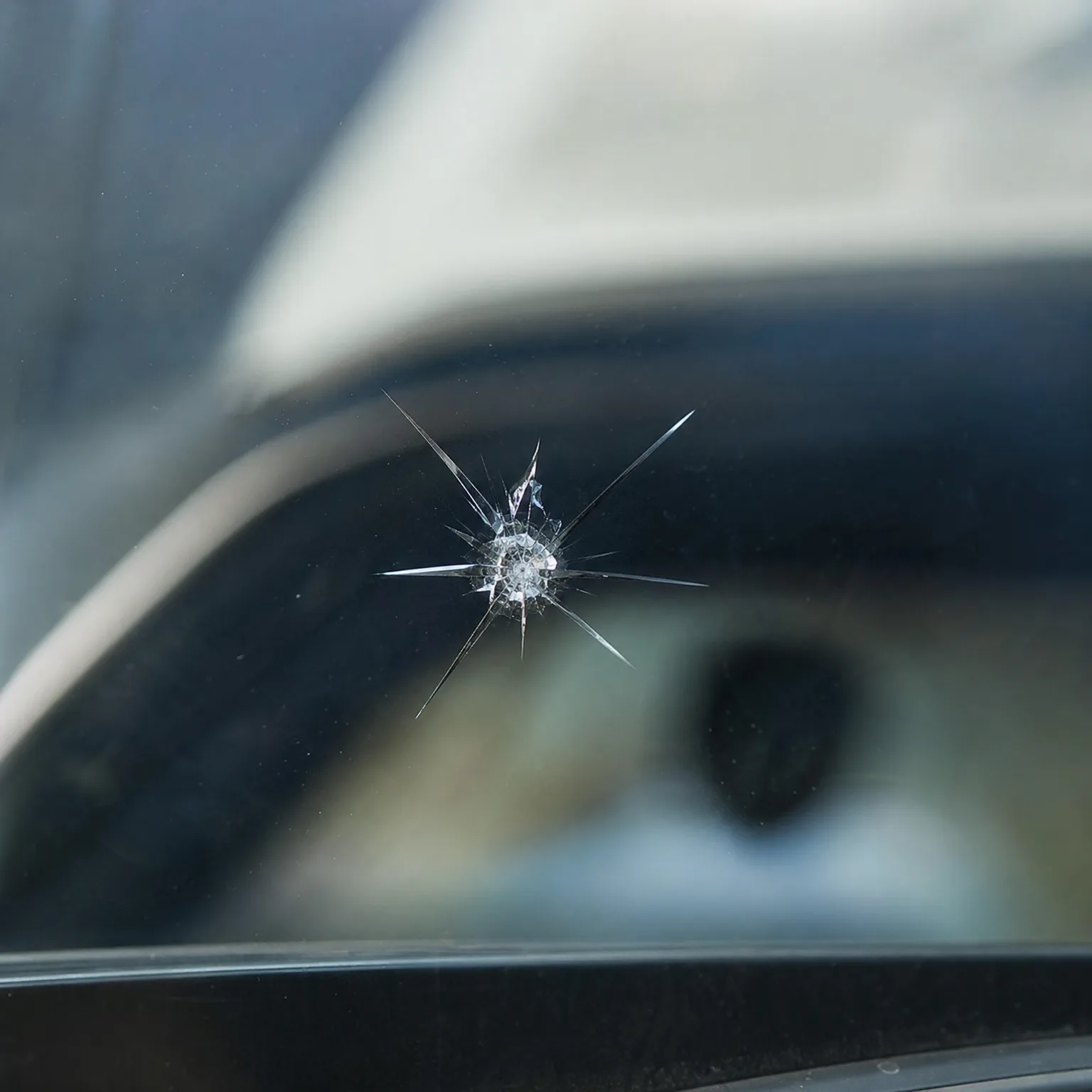 Close-up of a star-shaped chip with radiating cracks in a vehicle's glass, with a blurred car interior and body visible behind it.