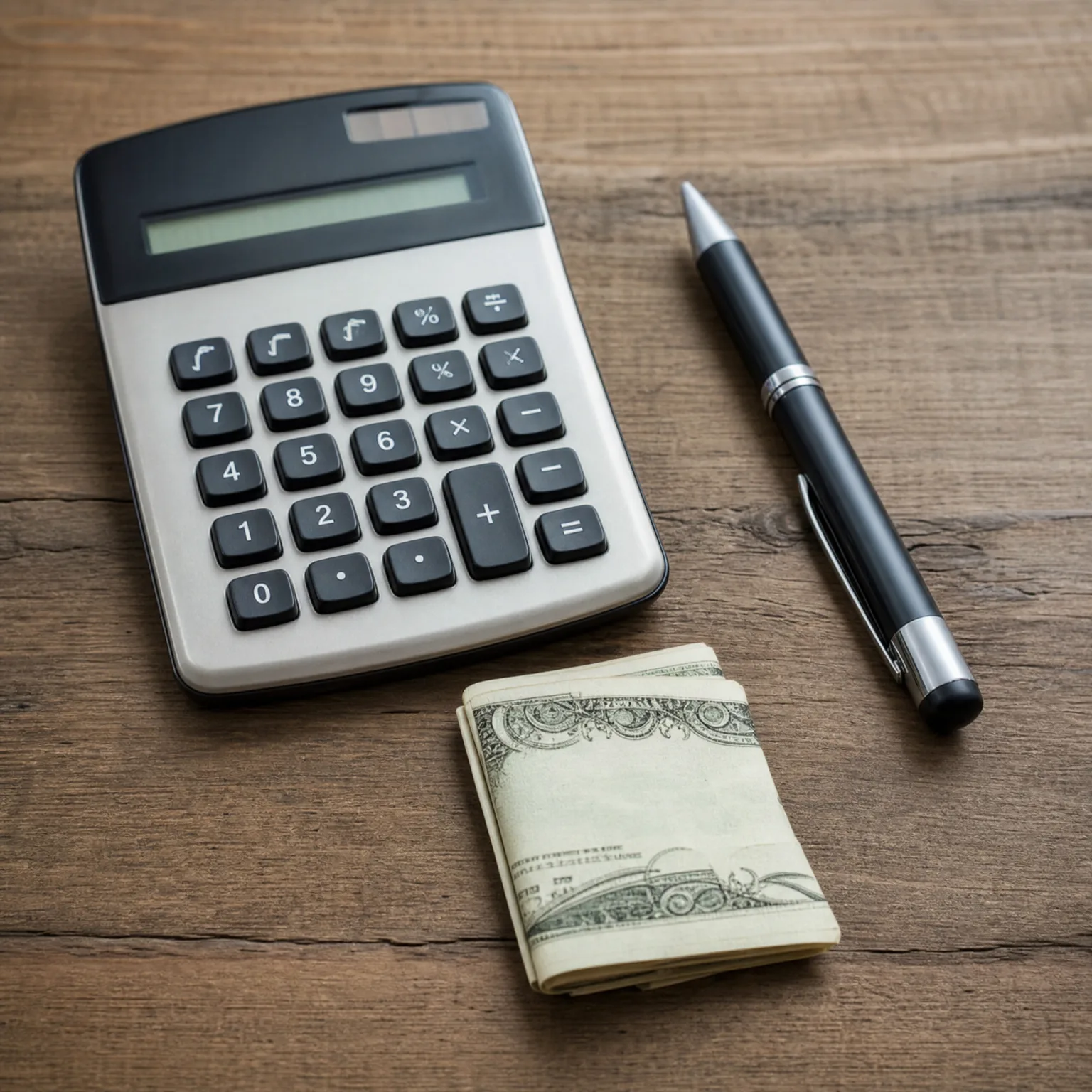 A calculator with a blank display, a black and silver pen, and a folded stack of banknotes arranged on a weathered wooden surface.