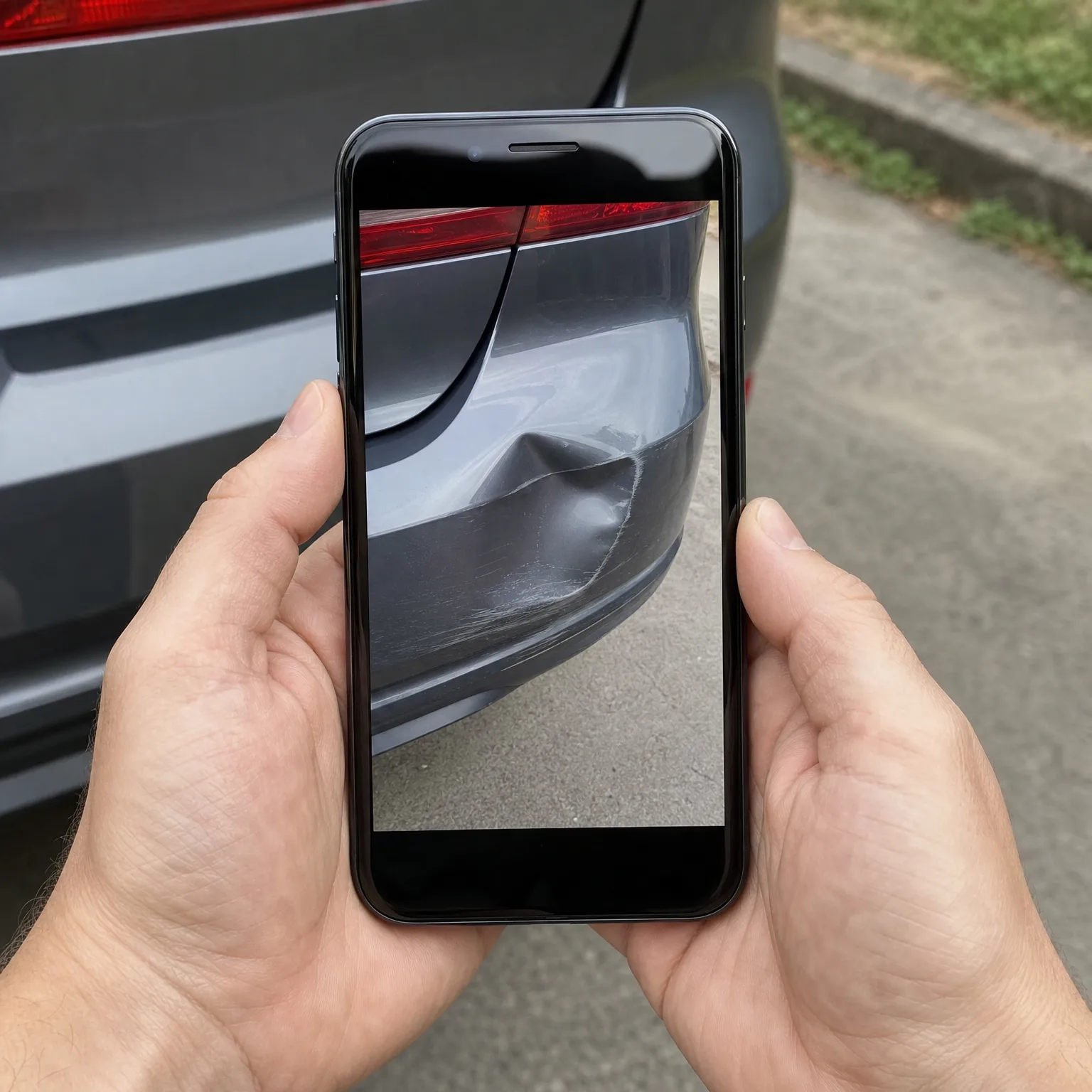 Two hands hold a black smartphone displaying a close-up photo of a dented and scratched grey car bumper near a red tail light, with the same car visible blurred in the background.