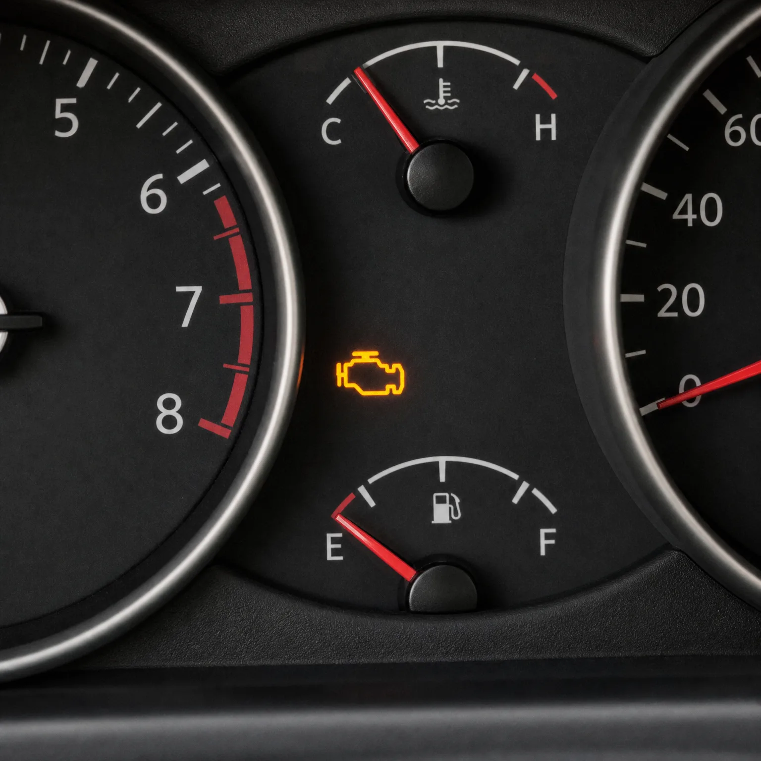 Close-up of a car instrument cluster showing a tachometer, speedometer, coolant temperature and fuel gauges reading near empty, with an illuminated amber engine warning light in the center.