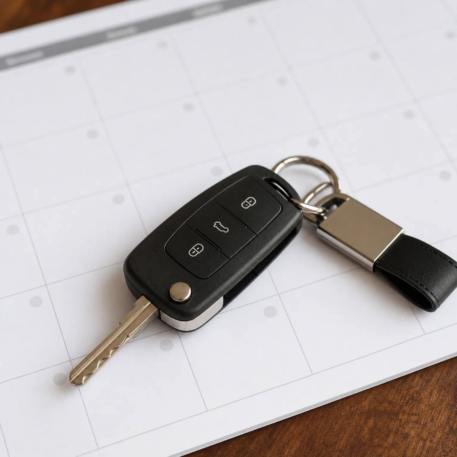 A black flip car key with three buttons and a metal-and-leather keychain fob resting on a blank grid calendar page on a dark wooden table.