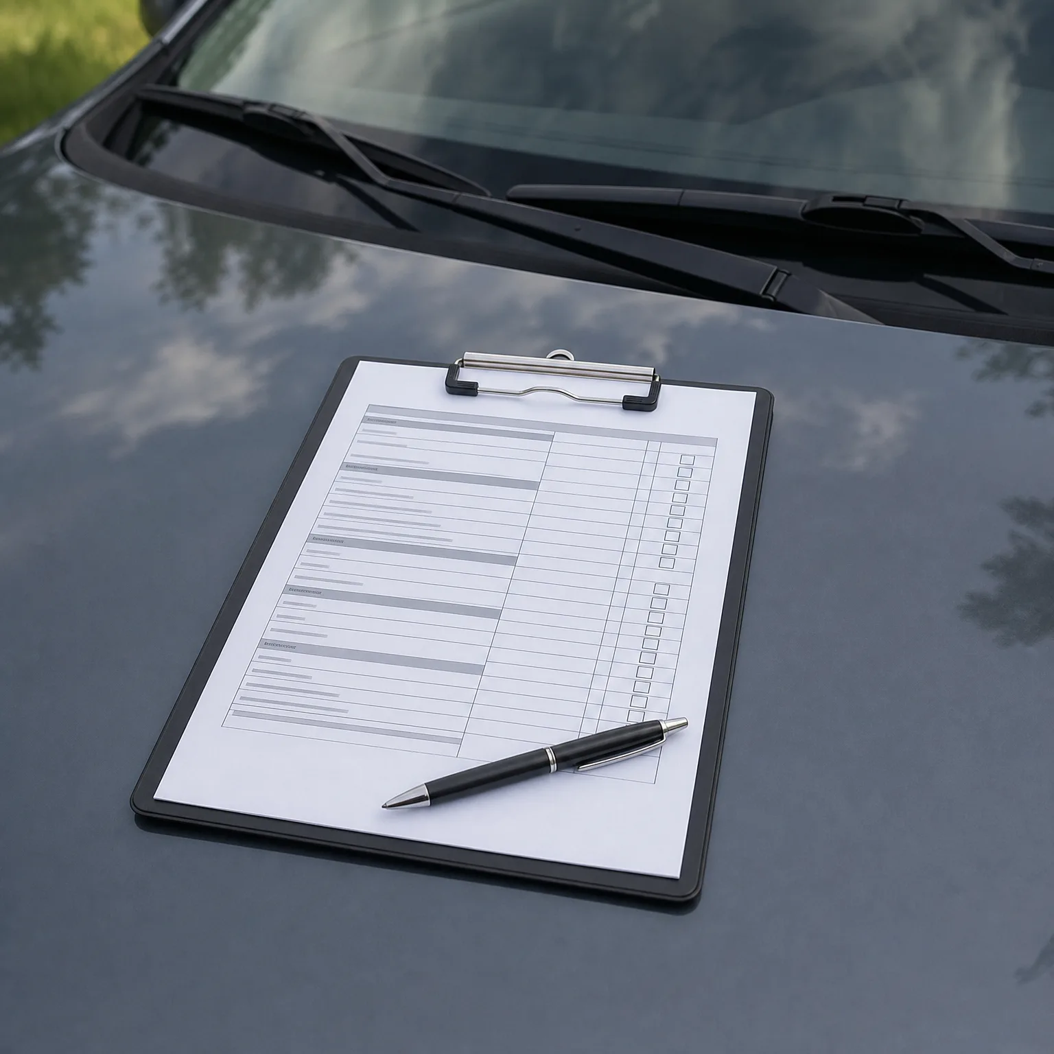 A black clipboard holding a printed checklist form with a black ballpoint pen resting on it, placed on the hood of a dark car near the windshield and wipers.