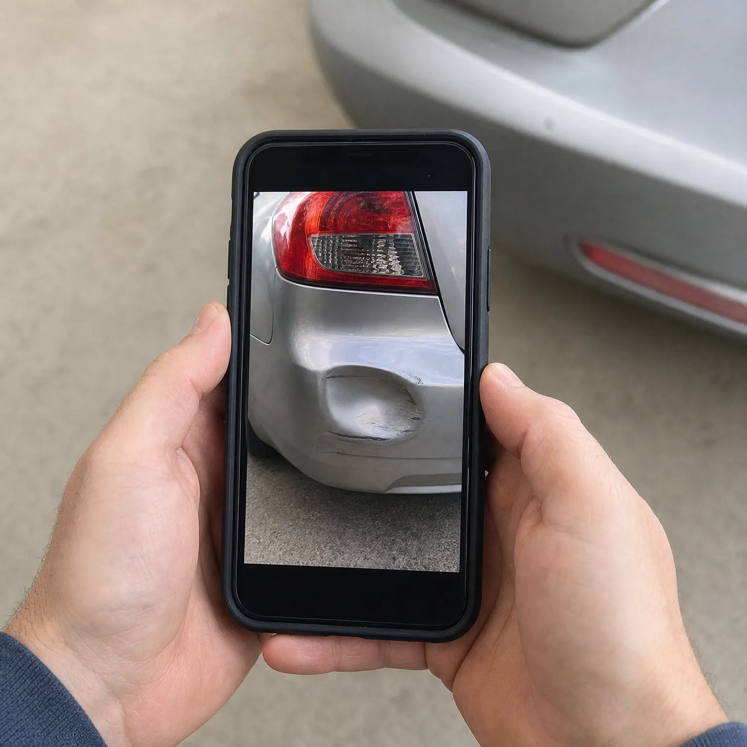 Two hands hold a black-cased smartphone displaying a photo of a dented silver car bumper below a red taillight, with a silver car's rear bumper blurred in the background.