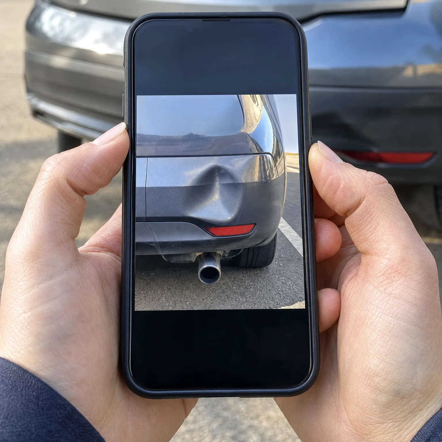 Two hands hold a smartphone displaying a photo of a dented rear bumper of a gray car, with parked vehicles and pavement blurred in the background.