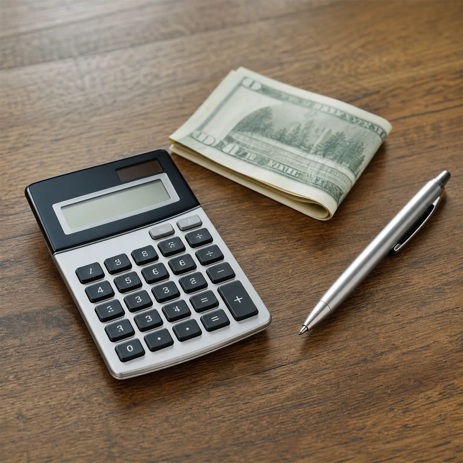 A calculator, a folded stack of banknotes, and a silver ballpoint pen on a dark wood tabletop.