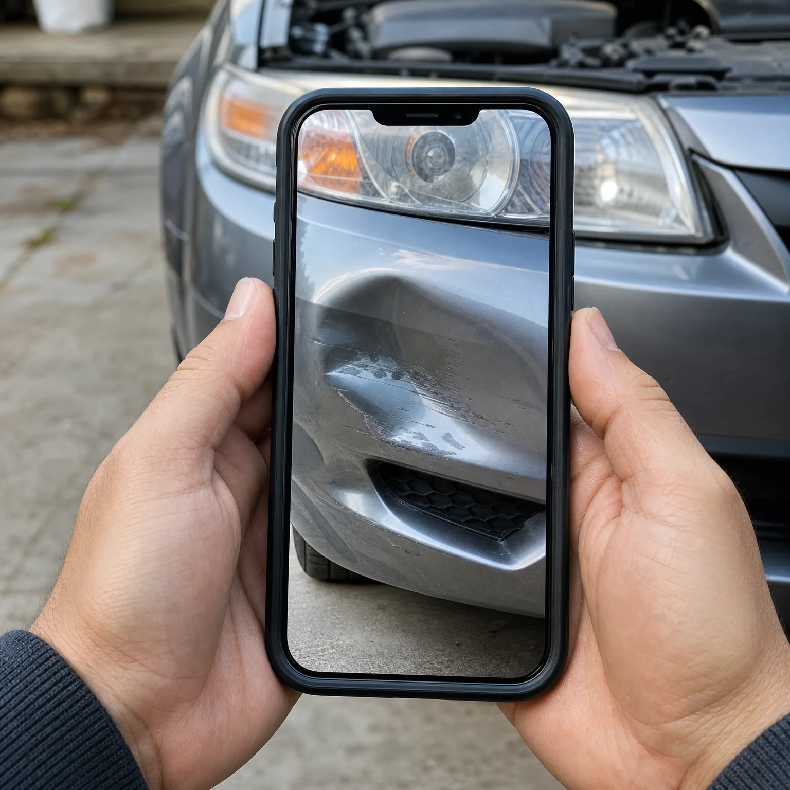 Two hands hold a black smartphone that displays a close-up of a scraped and dented front bumper, in front of a gray car with its hood open.