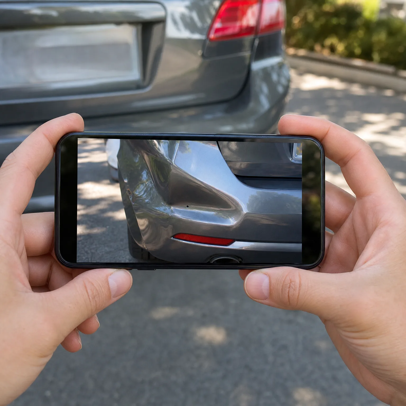Two hands hold a smartphone horizontally, its screen showing a close-up of a dented gray car bumper, with the same parked car blurred in the background.