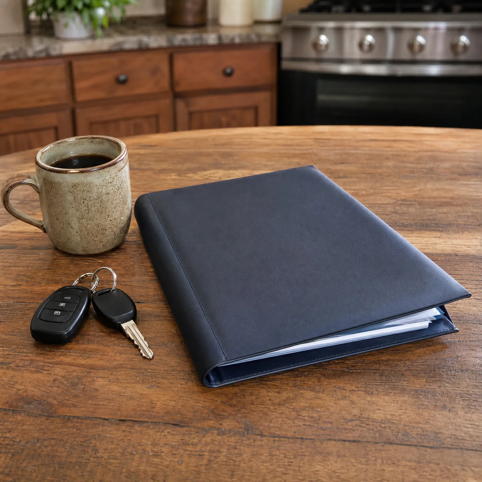 A navy leather binder holding white pages rests on a round wooden table beside a speckled ceramic mug of coffee and a car key with remote fob, with kitchen cabinets and a stove blurred in the background.