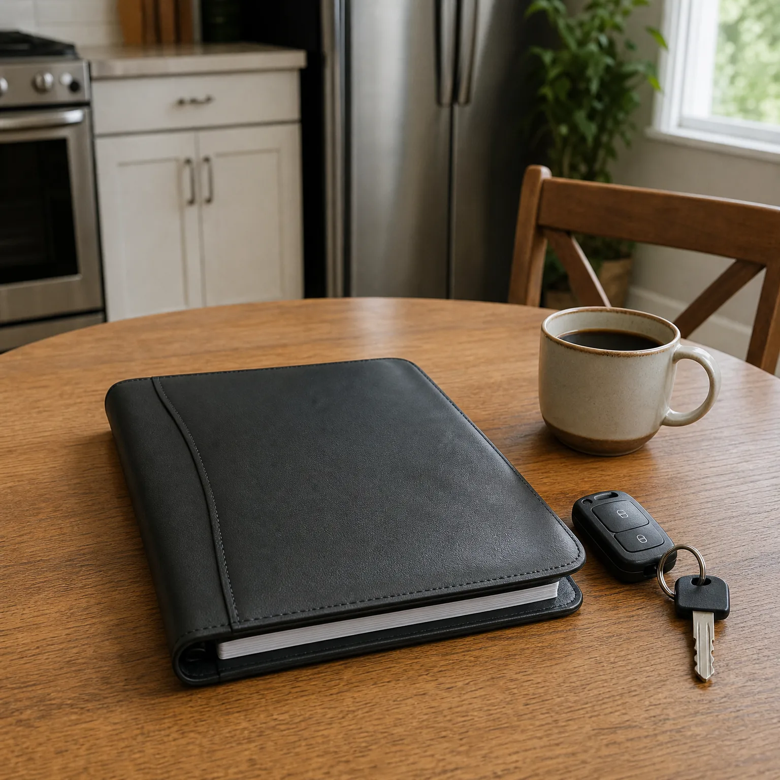 A black leather folio, a car key fob with keys, and a ceramic mug of black coffee on a round wooden table in a kitchen with a stainless steel range and refrigerator in the background.