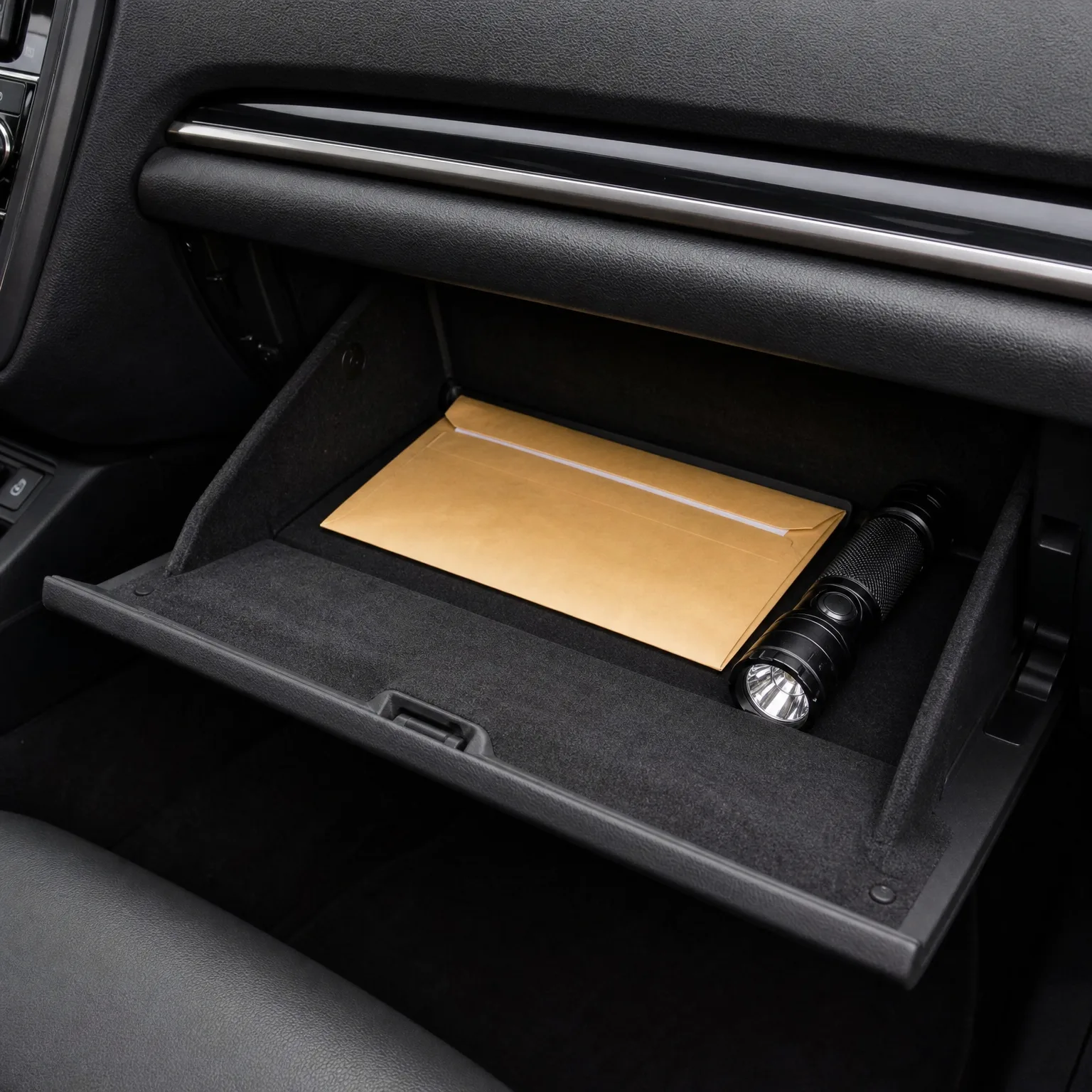 An open car glove compartment containing a manila envelope and a black flashlight, with the dashboard and seat visible nearby.