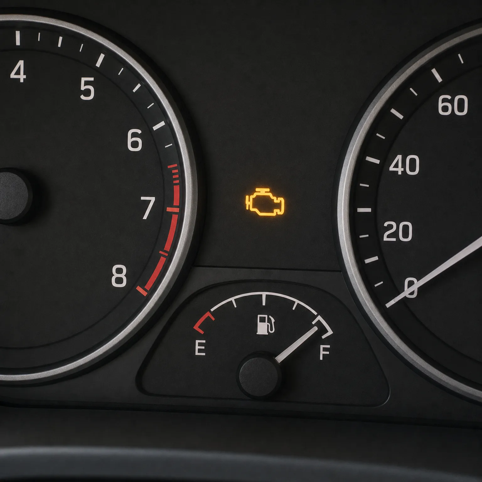 Close-up of a car instrument cluster showing a tachometer with a red zone past 7, a partial speedometer, a fuel gauge reading near full, and an illuminated amber check-engine light.