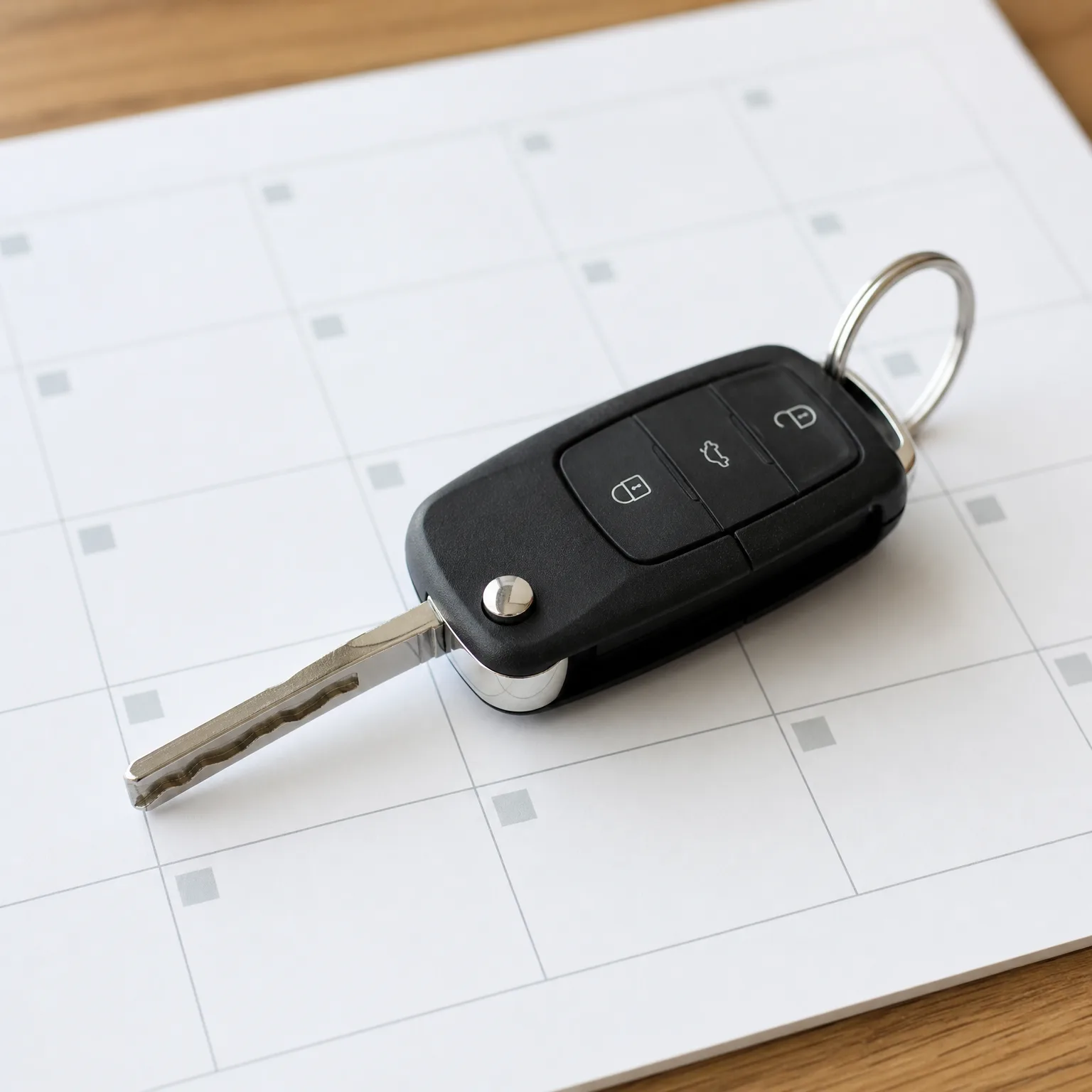 A black three-button flip car key with an extended metal blade and a split key ring, resting on a blank grid calendar page on a wooden surface.