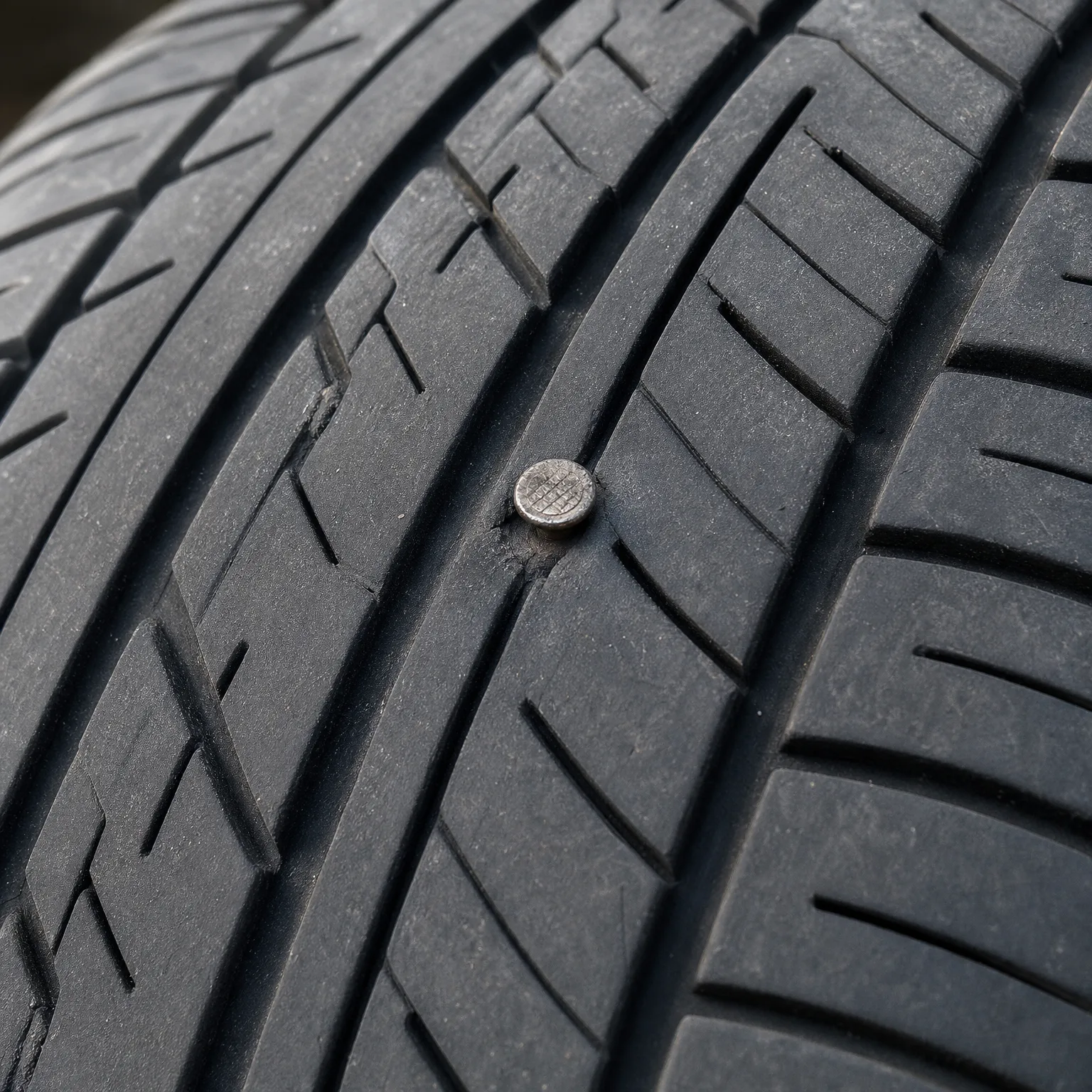 Close-up of a tire tread with a metal nail head embedded in the rubber between grooves.