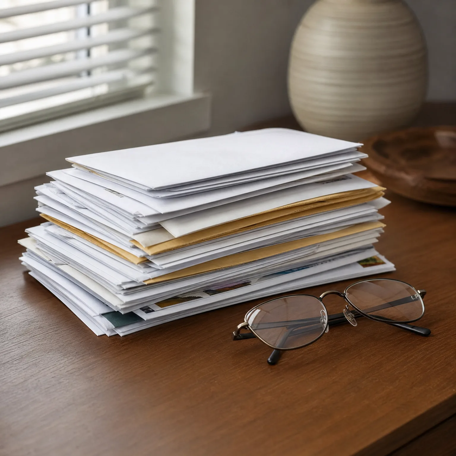 A stack of white and manila envelopes and papers sits on a dark wood table beside a pair of wire-rimmed eyeglasses, with a window blind and a ribbed ceramic vase blurred in the background.