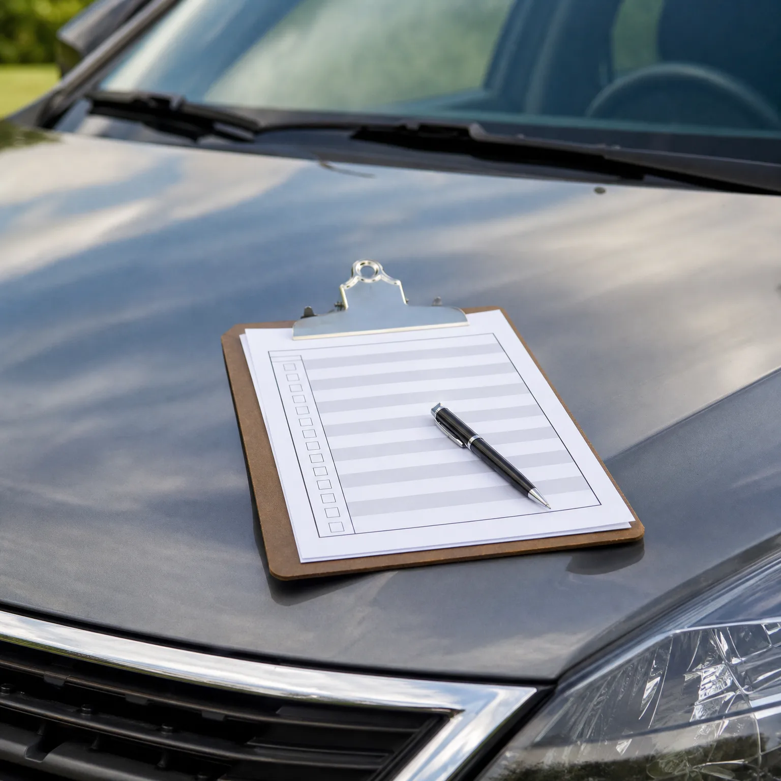 A wooden clipboard holding a blank lined checklist form with a black pen resting on it, placed on the hood of a dark gray car.