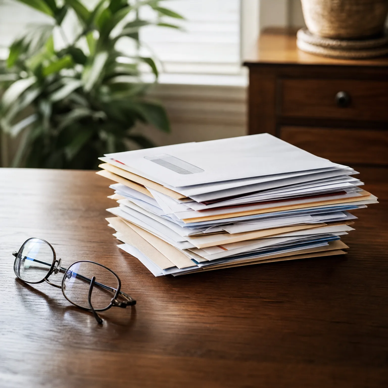 A stack of white and manila envelopes on a dark wooden table beside a pair of wire-framed eyeglasses, with a houseplant, window and wooden cabinet blurred in the background.