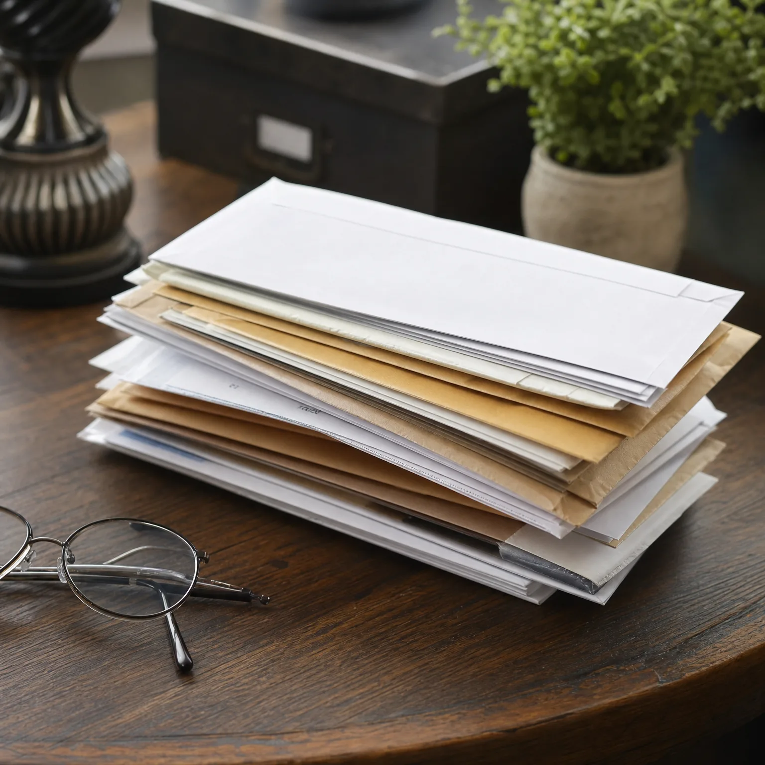 A stack of white, cream and brown envelopes on a dark wooden table, with wire-rimmed glasses in front and a potted plant and dark box behind.