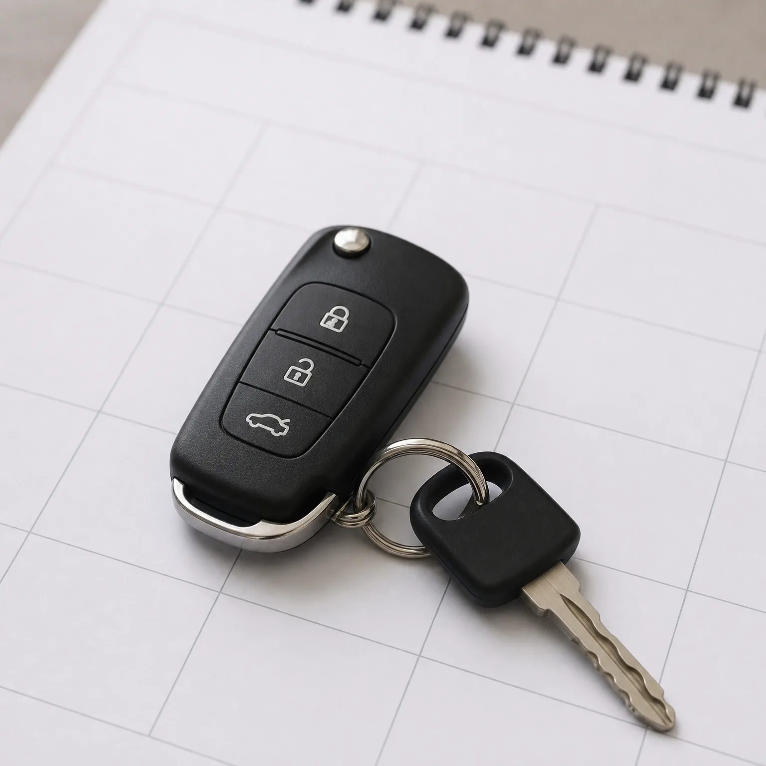 A black three-button flip car key fob and a second black-headed key on a split ring, resting on a grid-lined spiral notepad.