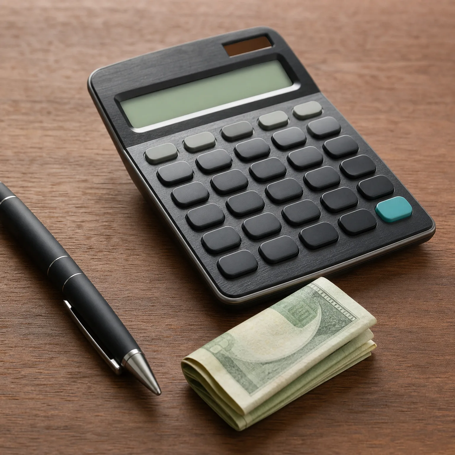 A calculator with a blank display, a black ballpoint pen, and a folded stack of banknotes on a wooden desk surface.