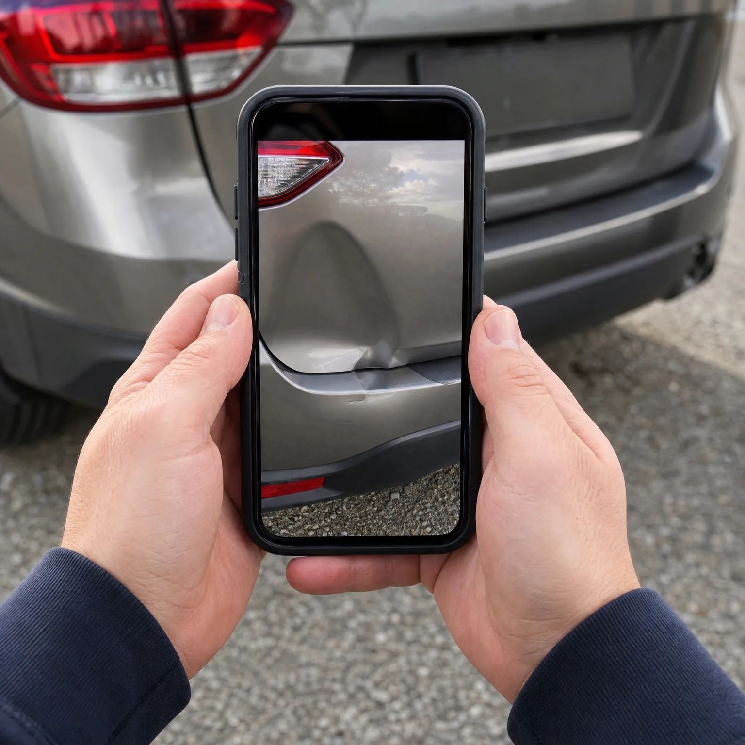 Two hands hold a smartphone that displays a close-up photo of a dented silver car bumper, with the same car's rear end visible behind on gravel ground.