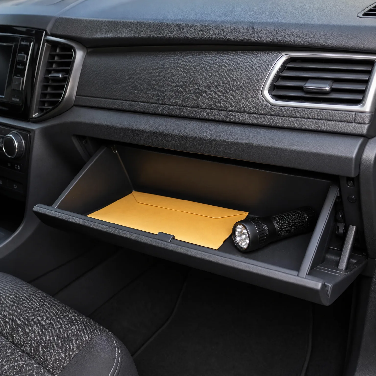 An open car glove compartment holding a yellow envelope and a black flashlight, below a dark dashboard with air vents.