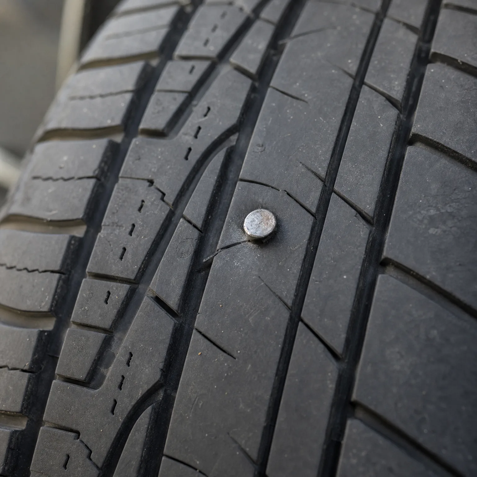 Close-up of a tire tread with a round metal nail head embedded in the rubber between grooves.
