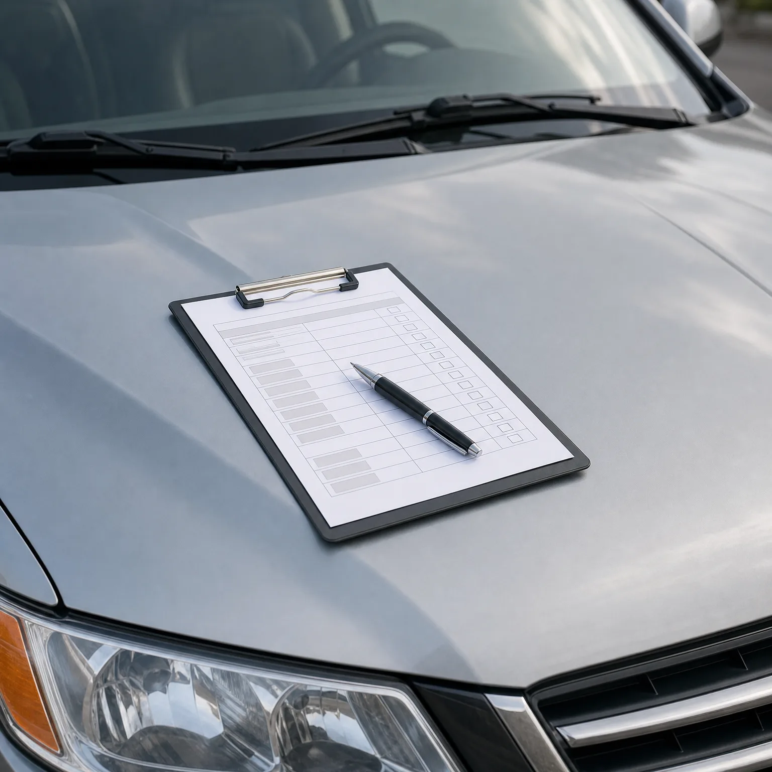 A black clipboard holding a blank checklist form with a black pen resting on it, placed on the hood of a silver car near the windshield wipers.